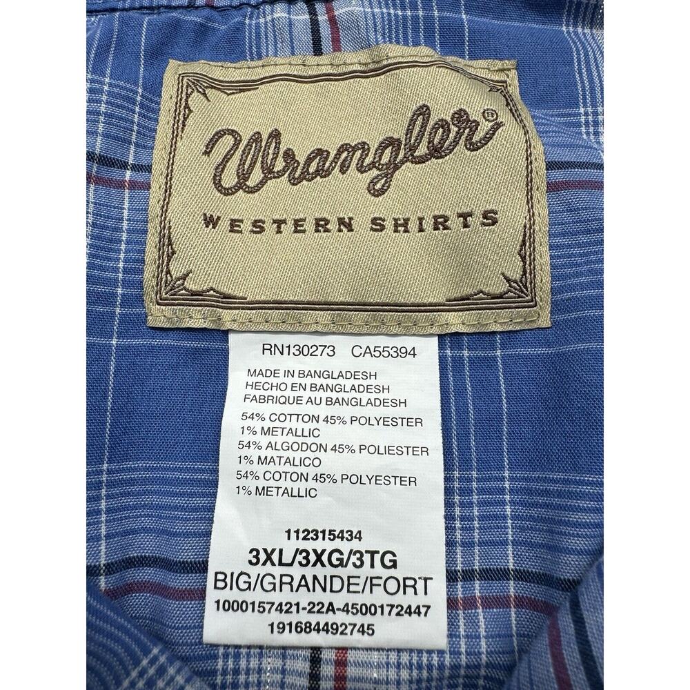 Wrangler Western Fashion Pearl Snap Shirt Men's 3XL BIG 3XB Blue Plaid - Picture 3 of 4